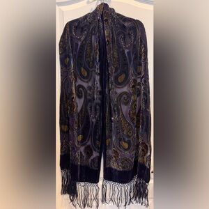 LAUREN RALPH LAUREN Silk Blend Paisley Long Fringed Scarf Velvet Edges VINTAGE